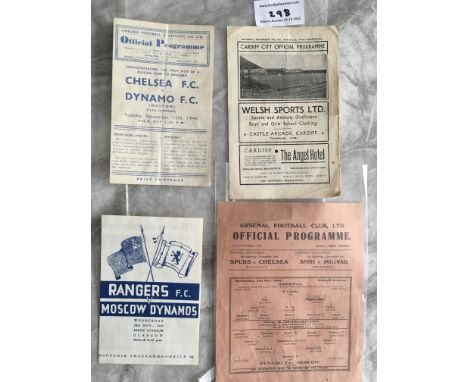 1945 Dynamo Moscow British Tour Programmes: Nice collection to include Cardiff Arsenal Rangers (replica) and Chelsea all in g