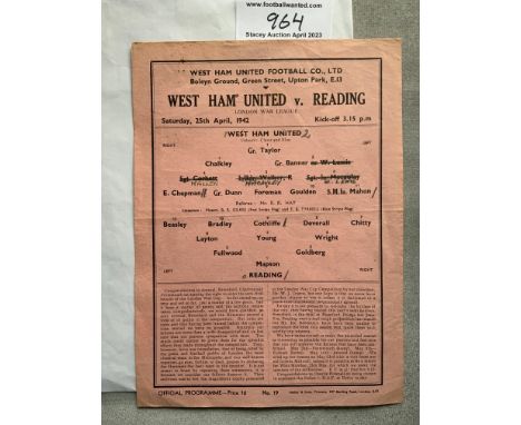 41/42 West Ham v Reading Football Programme: Single sheet league match dated 25 4 1942 in good condition with pencilled writi