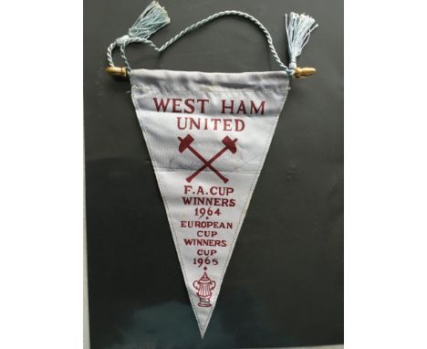 Bobby Moore Signed 1965 ECWC Football Pennant: Small West Ham pennant stating 1964 FA Cup and 1965 ECWC winners hand signed i