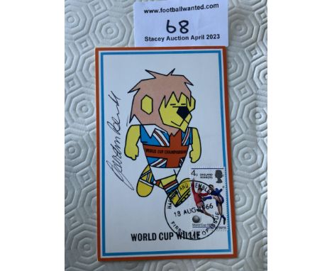 Gordon Banks Signed 1966 World Cup Willie Postcard: Original unwritten postcard with FA 1966 to rear and stamped Cameo Stamps