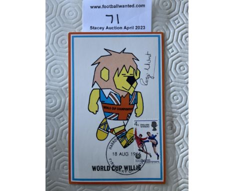 Roger Hunt Signed 1966 World Cup Willie Postcard: Original unwritten postcard with FA 1966 to rear and stamped Cameo Stamps L