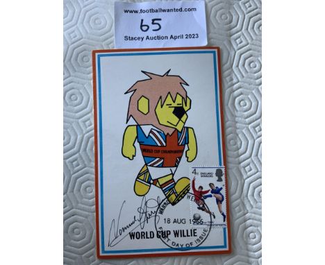 Norman Hunter Signed 1966 World Cup Willie Postcard: Original unwritten postcard with FA 1966 to rear and stamped Cameo Stamp