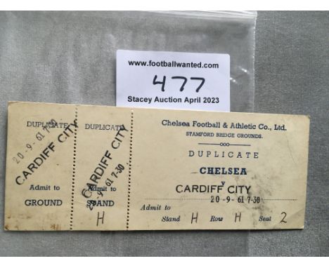 61/62 Chelsea v Cardiff City Unused Football Ticket: Duplicate ticket with two counterfoils dated 20 9 1961. Slight marks but