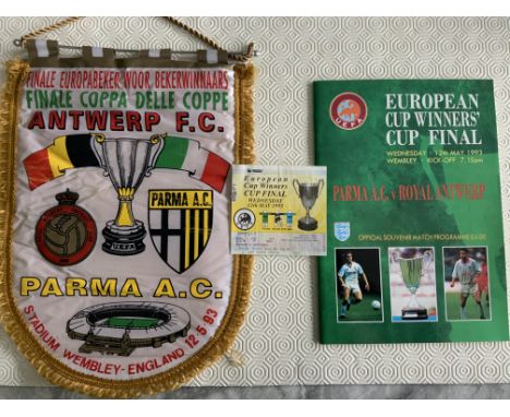 1993 ECWC Final Football Memorabilia: Parma v Royal Antwerp programme, ticket and large pennant all in good condition. (3)