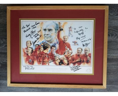 England 1966 World Cup Winners Signed Display: Attractive print professionally framed and signed by 9 of the winning team lac