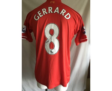 Gerrard 2013 - 2014 Liverpool Match Worn Football Shirt: Red number 8 with Gerrard to rear. Premier League badging to arms. S