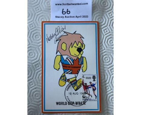 Nobby Stiles Signed 1966 World Cup Willie Postcard: Original unwritten postcard with FA 1966 to rear and stamped Cameo Stamps