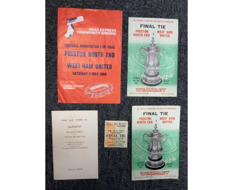 West Ham 1964 FA Cup Football Memorabilia: List of guests for the Hilton the evening of the match, 7 newspapers, 2 final prog