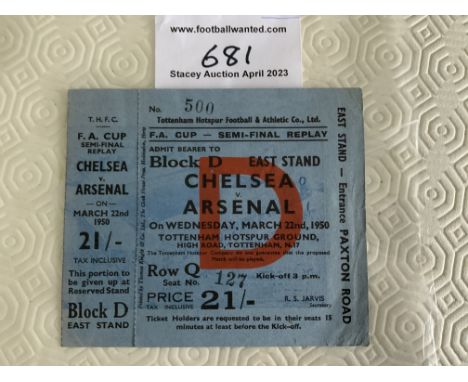 1950 FA Cup Semi Final Replay Unused Football Ticket: Chelsea v Arsenal at Tottenham ticket with counterfoil still attached. 