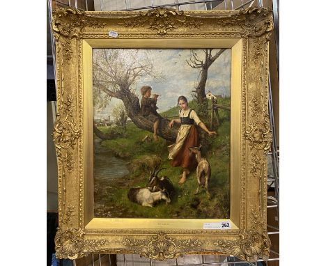 OIL ON BOARD - CHILDREN PLAYING WITH GOATS BY T.K STAHLMULLER 48CMS (H) X 39CMS (W) APPROX