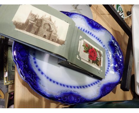 Semi porcelain Raleigh blue and white patterned serving dish and a vintage postcard book. Not available for in-house P&amp;P 