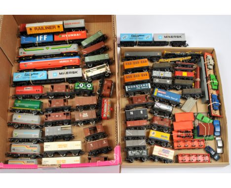 Hornby group of unboxed Rolling Stock. To include Curtainside wagon - Rail Liner; Closed Van - McVities; Twin Bogie Tank Wago