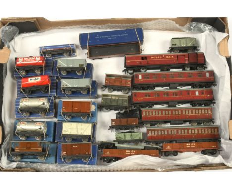 Hornby Dublo group of 3-rail Rolling stock consisting of D1 Vacuum/ Mobil oil and Esso Tankers, LMS brake Van, Meant van, NE 