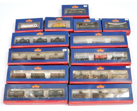 Bachmann group of Triple Pack &amp; Single Boxed Wagons. To include 37-671 3x Tank Wagons Fina - weathered; 37-097 3x Open Wa