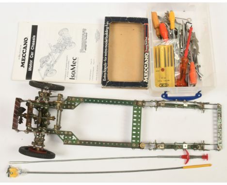 Meccano Quantity part built models/parts consisting of a part built Motor Chassis in Red and Green parts, Front steering asse