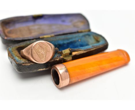 A 9CT GOLD SIGNET RING AND A CHEROOT, a heavy signet ring, engraved with a masonic design, Chester hallmark part removed, rin