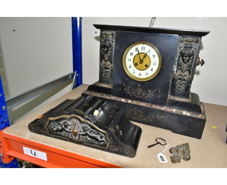 A LARGE VICTORIAN BLACK SLATE AND MARBLE MANTEL CLOCK IN NEED OF SOME ATTENTION, the shaped case the case with gilt decoratio