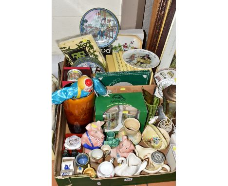 TWO BOXES OF CERAMICS AND TWO OAK FRAMED PICTURES, to include a pair of vintage Koha New Zealand Paua Shell salt &amp; pepper