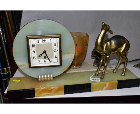 A FRENCH ART DECO MANTEL CLOCK TOGETHER WITH A FRENCH ART DECO TABLE LAMP, the square clock is impressed with 'Marti 8 jour' 