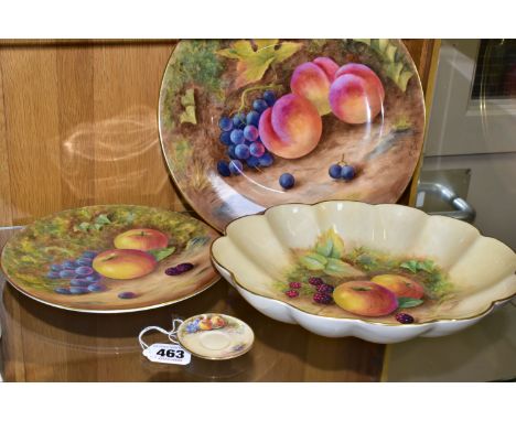 FOUR PIECES OF HAND-PAINTED CHINA BY FORMER ROYAL WORCESTER PAINTER FRANCIS CLARK, comprising a scalloped bowl (some pitting 