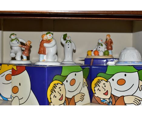 FIVE BOXED COALPORT SNOWMAN CHARACTERS ORNAMENTS, comprising 'Soft Landing', 'The Greeting', 'Dancing at the party' first edi