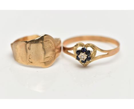 TWO 9CT YELLOW GOLD RINGS, to include a diamond and sapphire cluster ring, hallmarked Birmingham 1983, ring size V, , togethe