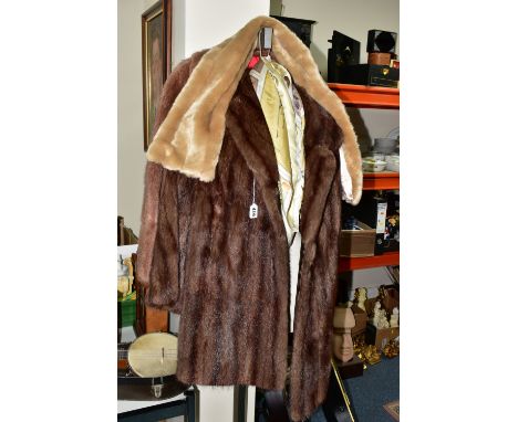 TWO UNBRANDED FURS AND WALKING STICKS ETC, comprising a brown fur coat, a light brown jacket, a faux fur stole, walking stick