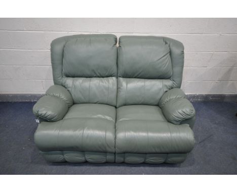 A GREEN LEATHER TWO SEATER MANUAL RECLINING SOFA, length 156cm (condition - some dirt marks)