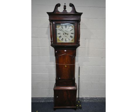 A GEORGE IV MAHOGANY EIGHT DAY LONGCASE CLOCK, the hood enclosing a painted 13 inch dial, with roman numerals, seconds and da