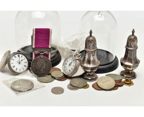 TWO SILVER OPEN FACE POCKET WATCHES WITH STANDS, SILVER PEPPERETTES AND OTHER ITEMS, to include two ladies open face pocket w