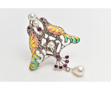 A PLIQUE A JOUR PENDANT BROOCH, a white metal art nouveau style brooch, designed as two birds, with green yellow and orange p