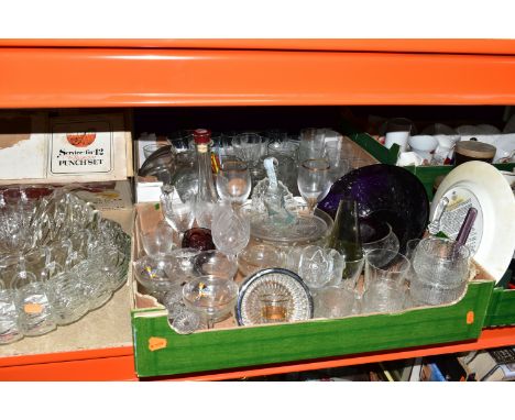 FIVE BOXES OF GLASSWARE AND CERAMICS, to include two Denby Bakewell storage jars, an Edwardian Leicester Coalfield collector'