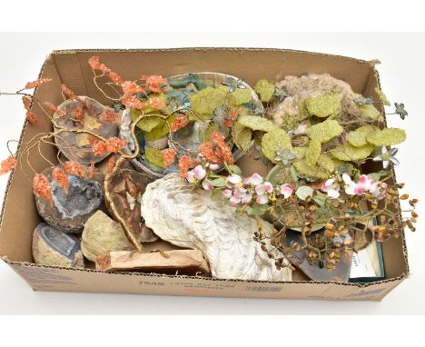 A BOX OF MINERAL SPECIEMENS, to include four semi-precious gemstone set tree ornaments fitted with peridot, citrine, tigers e