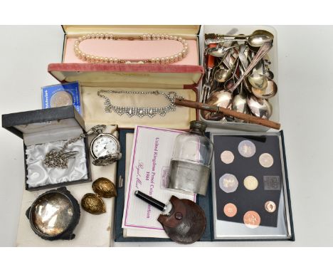 A BOX OF ASSORTED ITEMS, to include a 'Philip Mercier' cased pocket watch, a Prince Wales &amp; Lady Diana Spencer commemorat