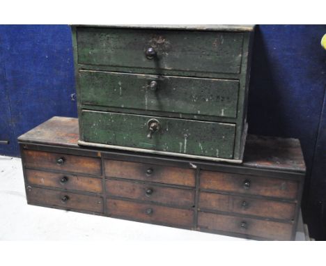 TWO VINTAGE ENGINEERS TOOL CHESTS comprising a three draw chest measuring width 50cm x depth 35cm x height 36cm, and a nine d