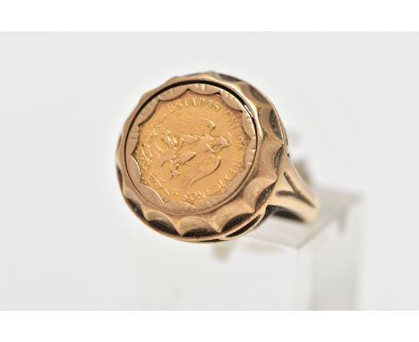 A 9CT GOLD MEXIAN COIN RING, a 1945 Dos Pesos Mexican coin set within a domed yellow gold mount, open work gallery and a tape