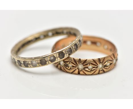 TWO 9CT GOLD RINGS, the first a floral patterned band ring, flush set with circular cut spinel stones around the band, hallma