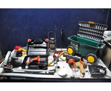 A COLLECTION OF POWERTOOLS to include a Black and Decker CP142 cordless drill/driver, Black and Decker S8E04 jigsaw, Black an