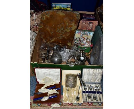 THREE BOXES OF METALWARE, BOOKS AND MAGAZINES, to include a large wooden hand carved printing block (Arts &amp; Crafts style 