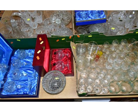 THREE BOXES OF CUT GLASS, PRESSED GLASS AND THREE BOXED SETS OF CUT CRYSTAL DRINKING GLASSES, to include six hand cut crystal