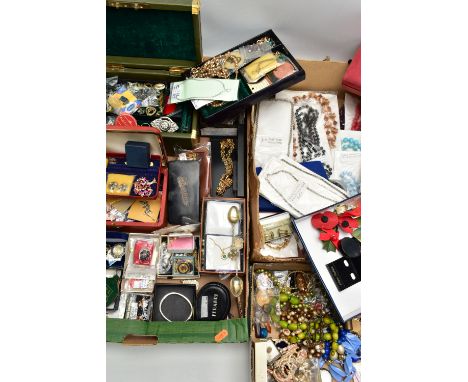 A BOX OF ASSORTED COSTUME JEWELLERY AND ITEMS, to include a 'Robertsons' mascot enamelled pin badge playing the guitar, two '