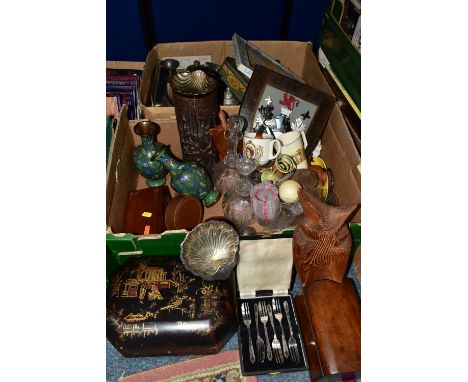 TWO BOXES OF METALWARE AND TREEN, to include a black lacquered Japanese style writing box, an Oriental carved bamboo pot, hei