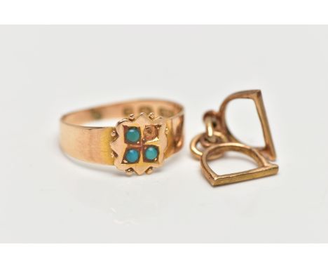 A LATE VICTORIAN 15CT GOLD RING AND A 9CT GOLD CHARM, the AF ring designed with a wavy square head set with three small turqu