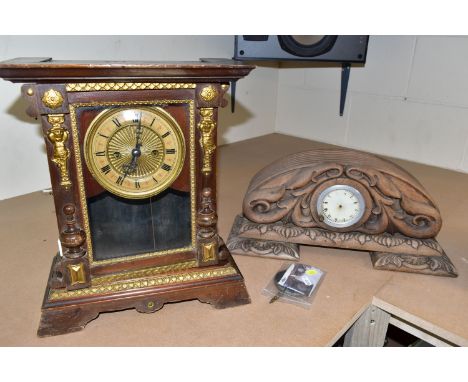 TWO MANTEL CLOCKS, comprising an Art Nouveau mantel clock, the solid wooden case of compressed oval form supported on a foote