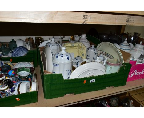 SIX BOXES OF CERAMICS, GLASS WARES AND SUNDRY ITEMS, to include a Denby Regency Green teapot, coffee pot, hot water jug, milk