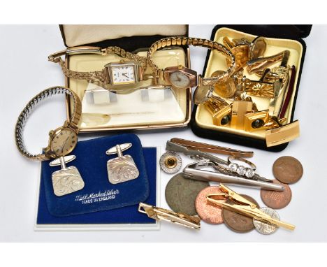 A 9CT GOLD RING AND WRISTWATCH, a three stone ring, prong set with three circular cut cubic zirconia, leading on to a pinched