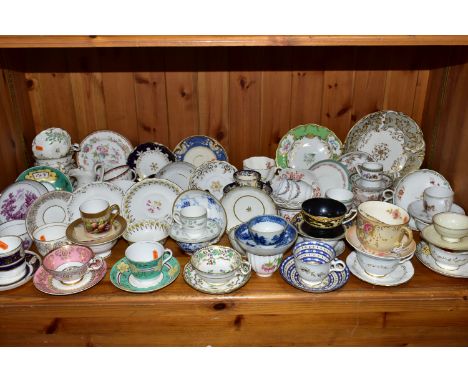 A QUANTITY OF HAND PAINTED 19TH &amp; 20TH CENTURY CHINA TEAWARES, comprising  a Rosenthal 'Winifred' cup and saucer (for Hea