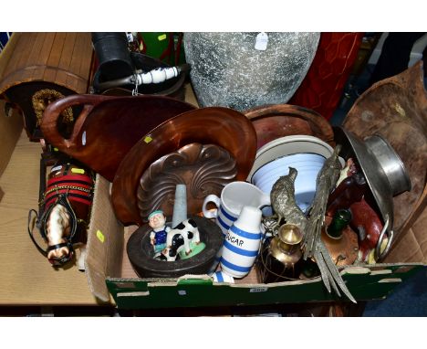 A GROUP OF LARGE ORNAMENTS AND ONE BOX OF MISCELLANEOUS ITEMS, to include blue and white Staffordshire Potteries ironstone sa
