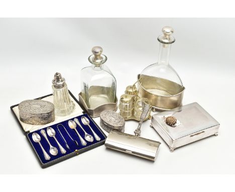 A BOX OF ASSORTED ITEMS, to include a rolled gold Victorian memorial brooch, encasing a photo to the reverse, a white metal c