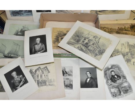 TEN 19TH CENTURY PENCIL SKETCHES TOGETHER WITH ENGRAVING PORTRAIT PRINTS OF HISTORICAL FIGURES ETC, the sketches are signed M